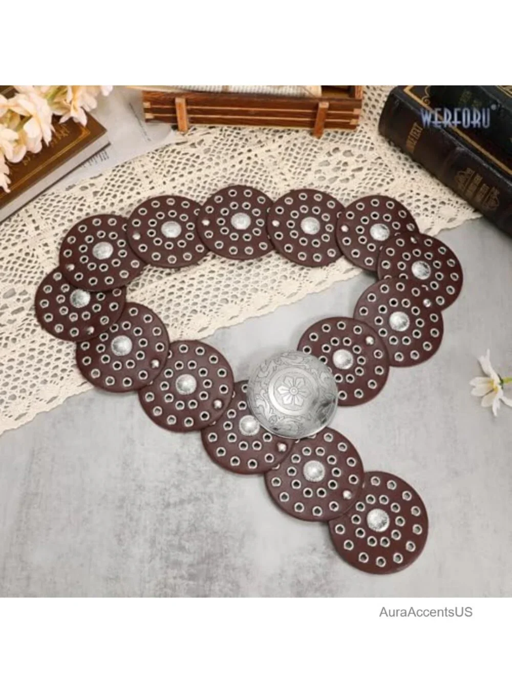 Wide Western Disc Belt Cowgirl Boho Faux Leather Belt for Jeans Dress